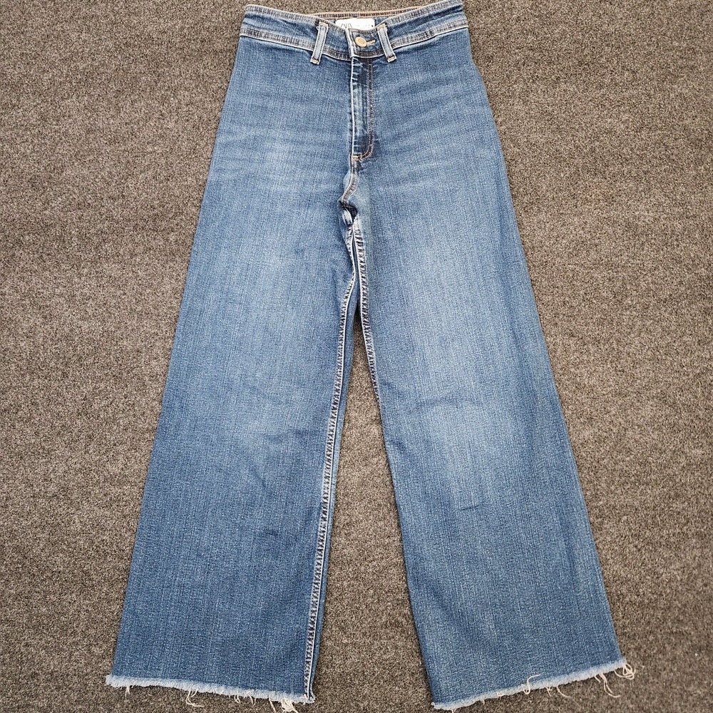 Zara Womens US 8 Wide Leg Blue Medium Wash Jeans Raw Frayed Hem